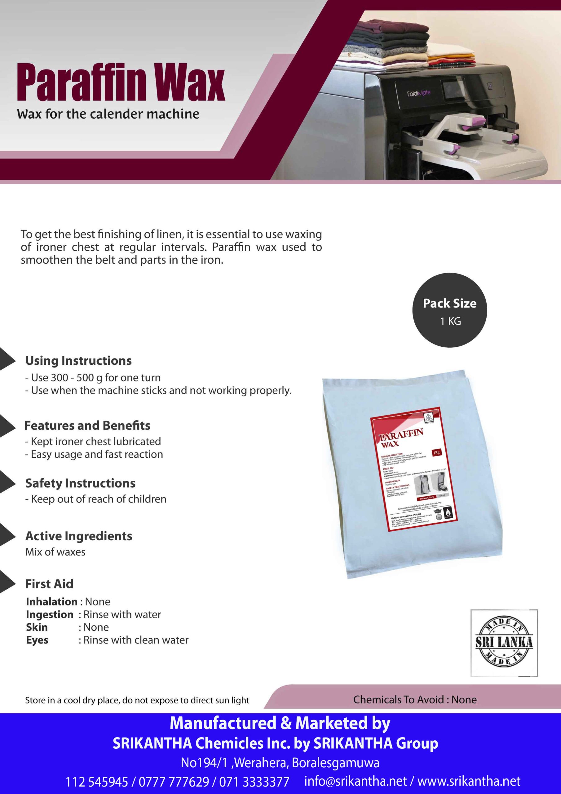 Paraffin Wax for Flat work Irons by Srikantha Group 0777777629 dtails