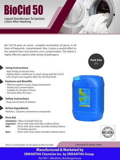 Features & Benefits Effective against viruses, fungi and bacteria Avoid cross contamination Suitable for all types of linen No harsh effect for linen Active Ingredients Alcohols Quatnery Ammonium Compounds First Aid Inhalation: Allow to breath fresh air. Ingestion: Rinse with water and take medical advice. Skin: Rinse with clean water and take medical advice if irritation persists. Eyes: Rinse with clean water and take medical advice. Packaging 25L